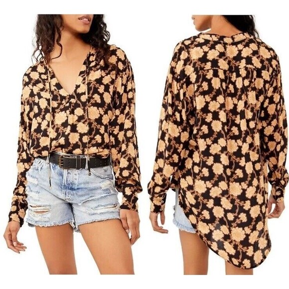 Free People Womens Small Mia Floral Print Tie Neck Tunic Top Long Sleeve NWT - Picture 1 of 11